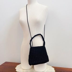 Black Crochet Knit Beaded Crossbody Bag